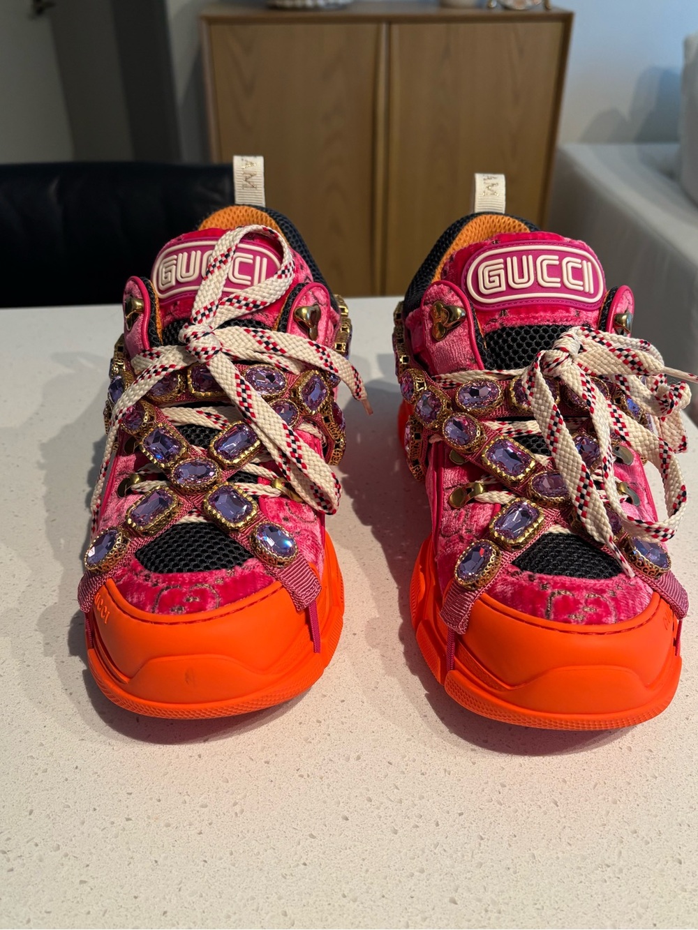 Gucci Journey Flashtrek Sneakers With Embellished Jewels, Velvet Pink/Orange